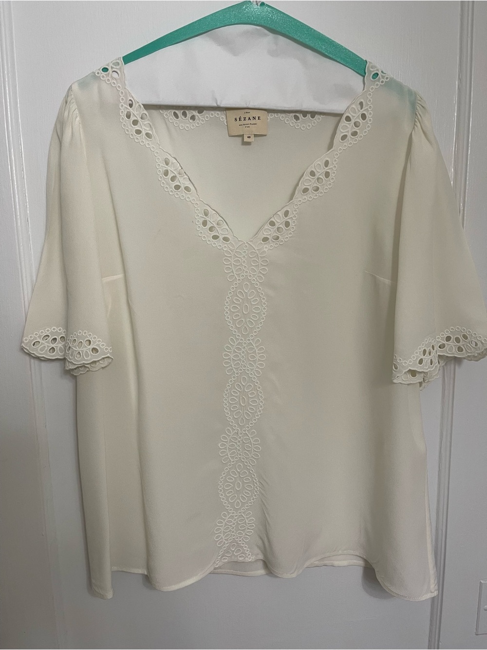 Sezane Cream Eyelet-Trim V-Neck Blouse